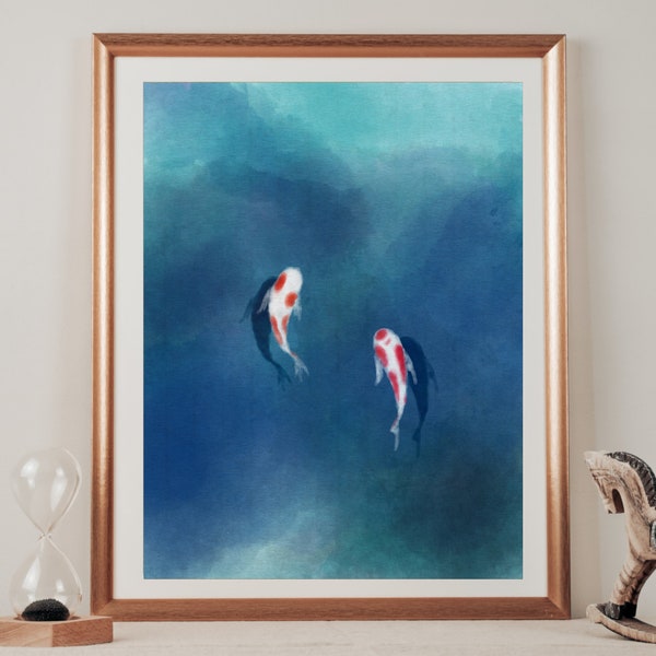 Japanese Koi Fish Painting | Colorful Digital Illustration | Vibrant Aquatic Art | Zen Inspired Serenity