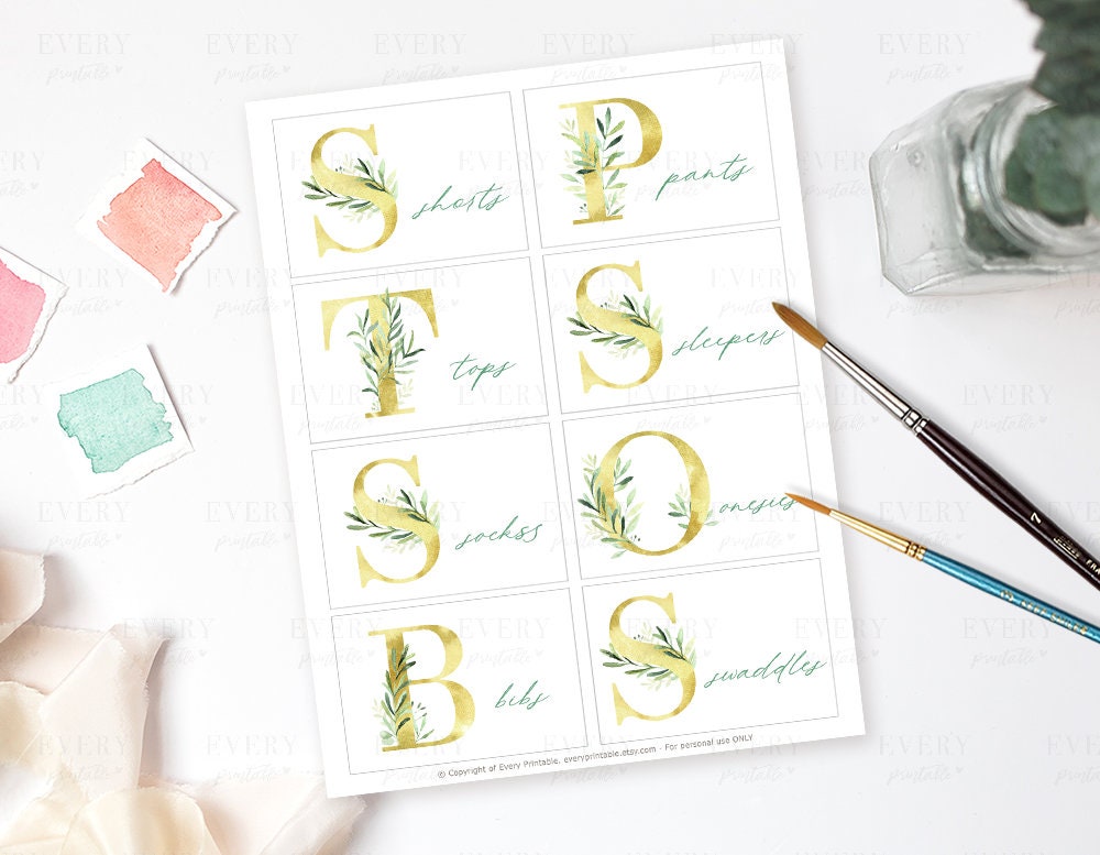 Gold &amp; Green Leaf Alphabets Drawer Labels Baby Labels Closet | Etsy