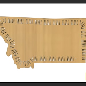 May include: A brown wooden outline of the state of Montana with small holes drilled throughout the shape. The outline is on a white background.