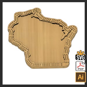 Peut inclure: Un jeu de chevilles en bois en forme de l'État du Wisconsin. Le tableau est brun clair avec de petits trous sur le pourtour. L'image comprend également des icônes SVG, PDF et Ai.