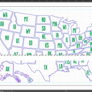 May include: A map of the United States with state names labeled in green text. The map is outlined in blue and is on a grid background. The map includes Alaska and Hawaii.