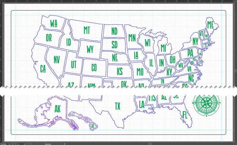 May include: A map of the United States with state names labeled in green text. The map is outlined in blue and is on a grid background. The map includes Alaska and Hawaii.