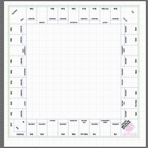 May include: A diagram of a Monopoly board game. The board is divided into squares, each with a different property, chance, or community chest. The board also includes a 'Go' square, a 'Jail' square, and a 'Free Parking' square.