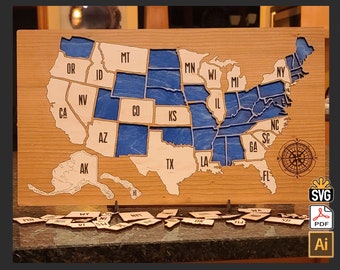 United States Travel Map Puzzle Laser Template - (Laser Ready Digital Download - AI, SVG, PDF)