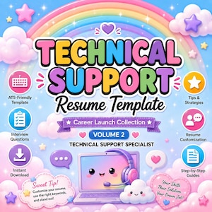 Puede incluir: Un gráfico digital para una plantilla de currículum de soporte técnico volumen 2 con fondo de arcoíris, nubes y estrellas. El texto dice Technical Support Resume Template, Career Launch Collection y Technical Support Specialist.
