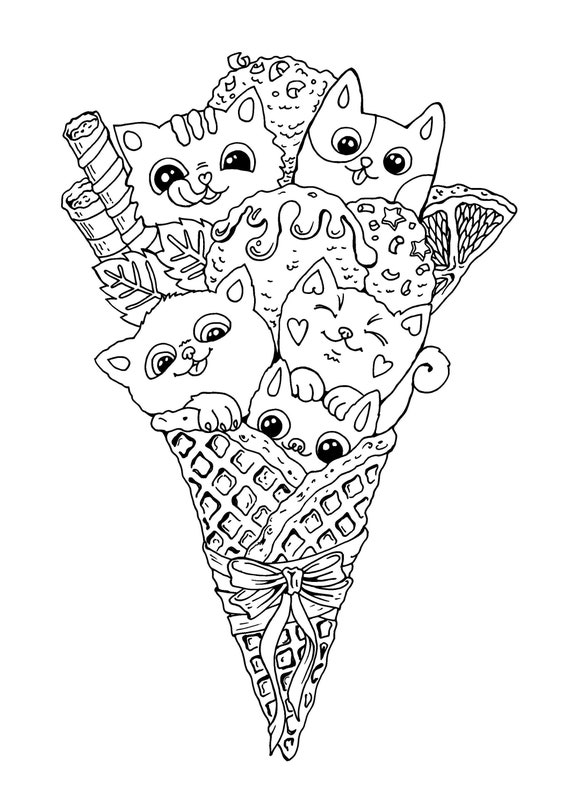 Cute cats Ice cream coloring page. Cats and ice cream. Kids  Etsy