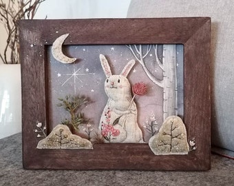 Diorama fabric picture rabbit in the moonlight