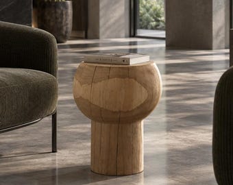 Handmade Solid Oak Side Table – Sculptural Round End Table (46cm High)