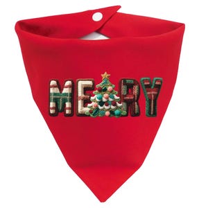 May include: A red dog bandana with the word "MERRY" embroidered in a festive design. The letters "M" and "R" are plaid, the "E" is white, and the "Y" is green. The "E" is a Christmas tree.