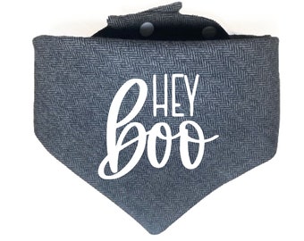 May include: A gray and white dog bandana with the text "Hey Boo" in white lettering.
