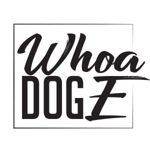 May include: Black and white logo with the text "Whoa DOG E" in a bold, stylized font. The word "Whoa" is in a cursive script, while "DOG E" is in a block letter style. The logo is enclosed in a square border.