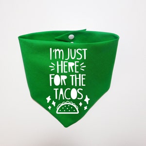 Op de afbeelding: Groene bandana met witte tekst die "Ik ben hier alleen voor de taco's" zegt en een witte omtrek van een taco.