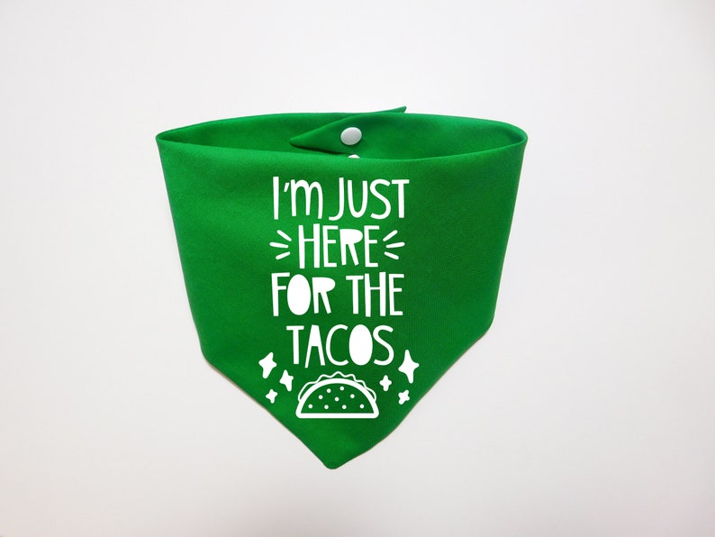Op de afbeelding: Groene bandana met witte tekst die "Ik ben hier alleen voor de taco's" zegt en een witte omtrek van een taco.