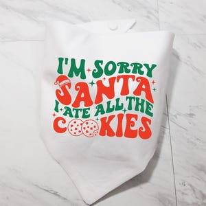 May include: White Christmas-themed bib with the text "I'm sorry Santa I ate all the cookies" in red and green letters with a red Santa hat and two red cookies.