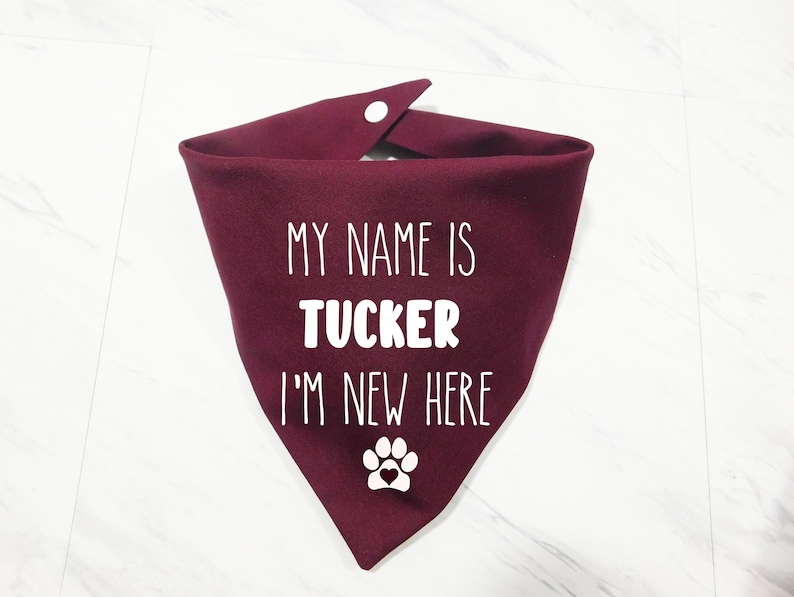 May include: Burgundy red dog bandana with white text that reads "My name is Tucker I'm new here" and a white paw print with a heart in the centre.