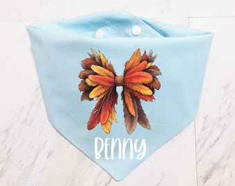 Thanksgiving Bow Custom Name Dog Bandana | Turkey Feathers Bow Puppy Scarf | Colorful Fall Personalized Cat Bandanna | Puppy or Kitten Gift