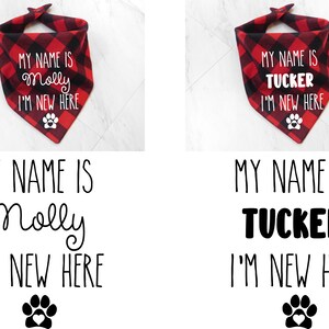 May include: Two red and black plaid dog bandanas with white text. The first bandana says "My name is Molly I'm new here" and the second bandana says "My name is Tucker I'm new here".