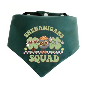 May include: Green bandana with a white and pink design featuring a pot of gold, shamrocks, and the text "Shenanigans Squad".