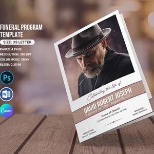 Szablon programu pogrzebowego, szablon nekrologu, edytowalny Canva, Photoshop, szablon MS Word | Natychmiastowe pobranie