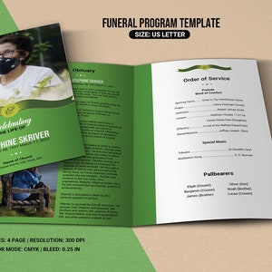 Peut inclure: Un modèle de programme funéraire avec un design vert et blanc. La couverture présente une photo et le texte "Celebrating the Life of Josephine Skriver". L'intérieur comprend un ordre de service et une liste de porteurs. Le modèle est au format US Letter.