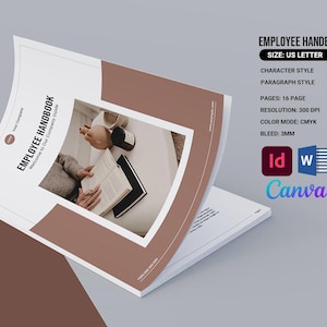 May include: An employee handbook with a white and brown cover, titled "EMPLOYEE HANDBOOK." The handbook is open, revealing an image of a person reading. The text on the cover includes "Welcome to Our Company Guide." The size is US Letter.