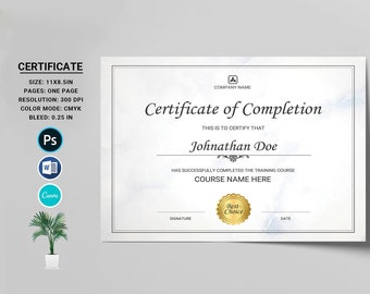 Certificate Template | Printable  Certificate Of Completion, Canva, MS Word &  Photoshop  Template | Instant Download V13
