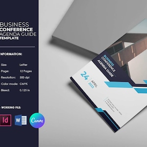 Puede incluir: Una plantilla de guía de agenda para conferencias de negocios con un diseño geométrico en blanco, azul oscuro y azul claro. La portada muestra el texto Business Conference Agenda Guide, 24 April 2023 y espacios para información de contacto.