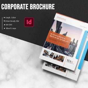 May include: A corporate business bifold brochure template with 8 pages in A4 size. The cover features a city skyline, an orange rectangular text box labeled BUSINESS BIFOLD BROCHURE TEMPLATE, and the SIA logo. Includes CMYK color, 300 DPI, and 3 mm bleed.