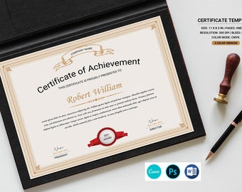 Printable Certificate of Achievement Template: Canva, MS Word, Photoshop (Instant Download)