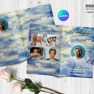 Plantilla para programa funerario celestial: Diseño de nubes (Canva, Word, Photoshop)