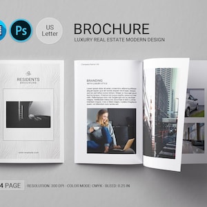 May include: A 24-page real estate brochure with a modern design. The cover features a black and white photo of a building. The brochure is printed in CMYK color mode and has a 0.25 inch bleed.
