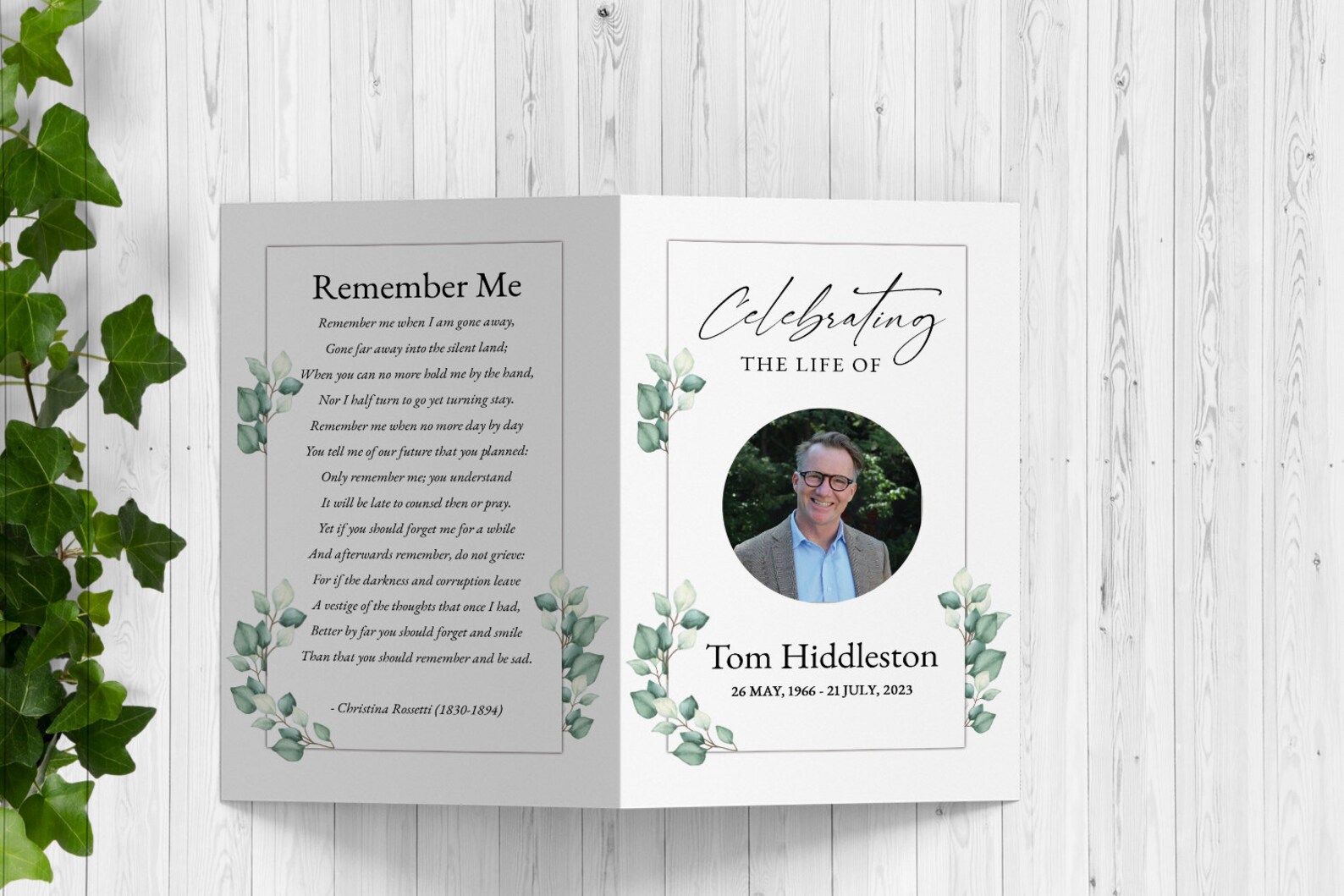 Green Leaves Funeral Program Template, Obituary Template , Editable ...