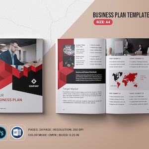 May include: A business plan template with a red and black geometric design on the cover. The template includes a section for target market, product and service price guide, and target segments. The template is 24 pages long and is designed for A4 size paper.