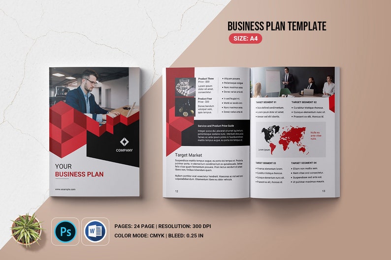 May include: A business plan template with a red and black geometric design on the cover. The template includes a section for target market, product and service price guide, and target segments. The template is 24 pages long and is designed for A4 size paper.