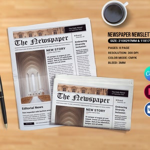 Modello di giornale. Giornale di 8 pagine, Newsletter / Adobe Indesing, Canva e modello MS Word / / Download immediato