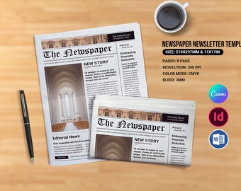 Plantilla de periódico. Periódico de 8 páginas, boletín informativo / Plantilla de Adobe Indesing, Canva y MS Word / / Descarga instantánea