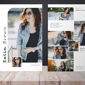 May include: A model comp card featuring multiple images of a woman wearing sunglasses and a denim jacket. The card includes the name "Salin Brown" and details such as height, hair color, bust, waist, hips, and eye color.