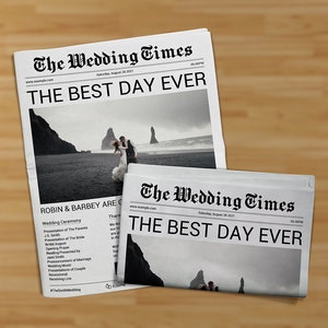 Pode incluir: Um jornal em preto e branco com a manchete "The Wedding Times: The Best Day Ever". O jornal apresenta uma foto de um casal de noivos em p&eacute; numa praia com uma montanha ao fundo. O texto "Robin & Barbey are getting married" tamb&eacute;m &eacute; vis&iacute;vel.