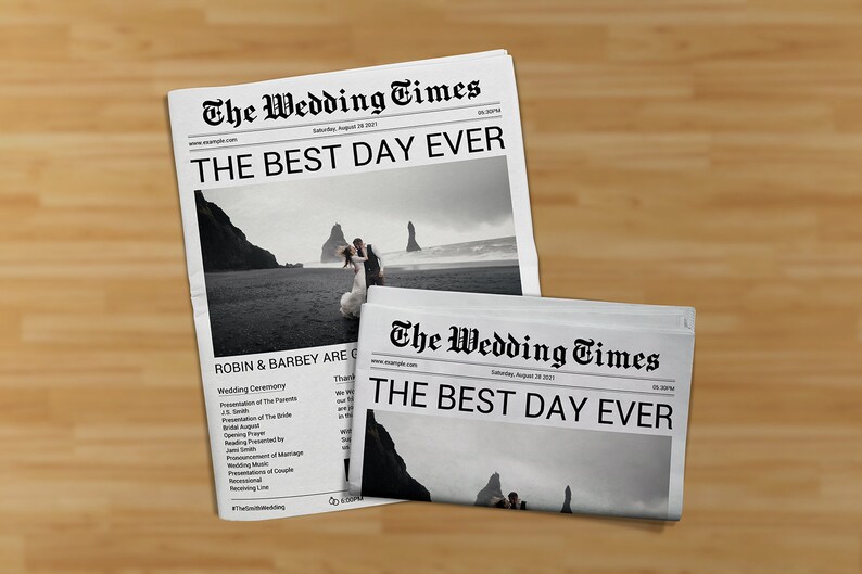 Pode incluir: Um jornal em preto e branco com a manchete "The Wedding Times: The Best Day Ever". O jornal apresenta uma foto de um casal de noivos em p&eacute; numa praia com uma montanha ao fundo. O texto "Robin & Barbey are getting married" tamb&eacute;m &eacute; vis&iacute;vel.