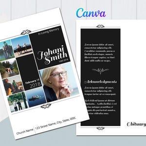 Pode incluir: Cartão de memória de duas páginas com um design em preto e branco. A página esquerda apresenta uma colagem de fotos e o nome "Johani Smith" com datas. A página direita inclui texto e a palavra "Obituary".