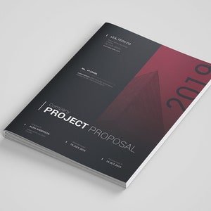 May include: A stack of project proposal documents. The cover is black with a red accent and the text "Company Project Proposal" in white. The year "2019" is displayed in red. The document includes the company name, project number, and dates.