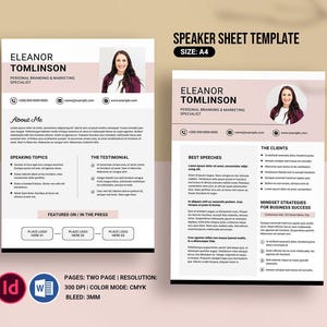 May include: A speaker sheet template in black and white with pink accents. The template features a headshot of a woman, the text "Eleanor Tomlinson", and the title "Speaker Sheet Template". The template includes sections for "About Me", "Speaking Topics", "The Testimonial", "Best Speeches", "The Clients", and "Mindset Strategies for Business Success".