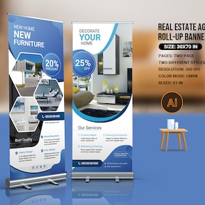 Real Estate Agency  Rollup Banner | Real Estate Marketing Roll-Up Banner, Relator Open House  Ad |  Illustrator Template