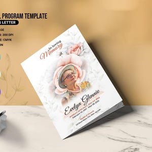Szablon programu pogrzebowego z motywem kwiatowym, szablon nekrologu, szablony Photoshop, MS Word i Canva | V66