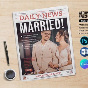 May include: A wedding announcement newspaper cover template featuring a photograph of a bride and groom. The headline reads "Married!" and the subheading reads "Happily Ever After".
