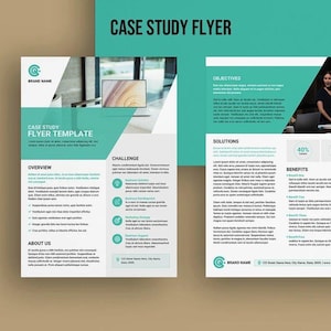 May include: A teal and white case study flyer template with the title "Case Study Flyer" in a large, bold font. The flyer includes sections for "Objectives", "Solutions", "Challenge", "Benefits", and "About Us".