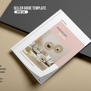 Puede incluir: Una plantilla de guía para vendedores de viviendas, de color rosa y blanco, con una foto de una sala de estar con un sofá, almohadas y dos espejos de pared redondos de madera. El texto "HOME SELLER'S Guide" está en un cuadro rosa en la portada.