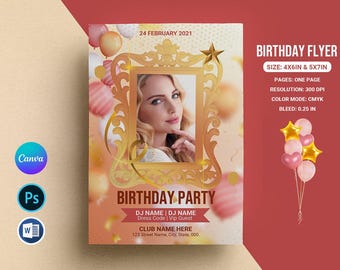 May include: A pink and gold birthday party flyer with a photo frame and balloons. The flyer says "Birthday Party" and includes the text "DJ NAME | DJ NAME Dress Code | VIP Guest CLUB NAME HERE 123 Street Name, City, State, 000."