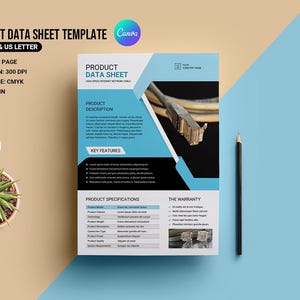 Productgegevensbladsjabloon, technisch gegevensblad. Canva, MS Word en Photoshop-sjabloon. Direct downloaden