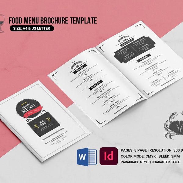 Plantilla de folleto de menú de restaurante / Plantilla de volante de menú de comida rápida retro / Plantilla de MS Word e Indesign / Descarga instantánea